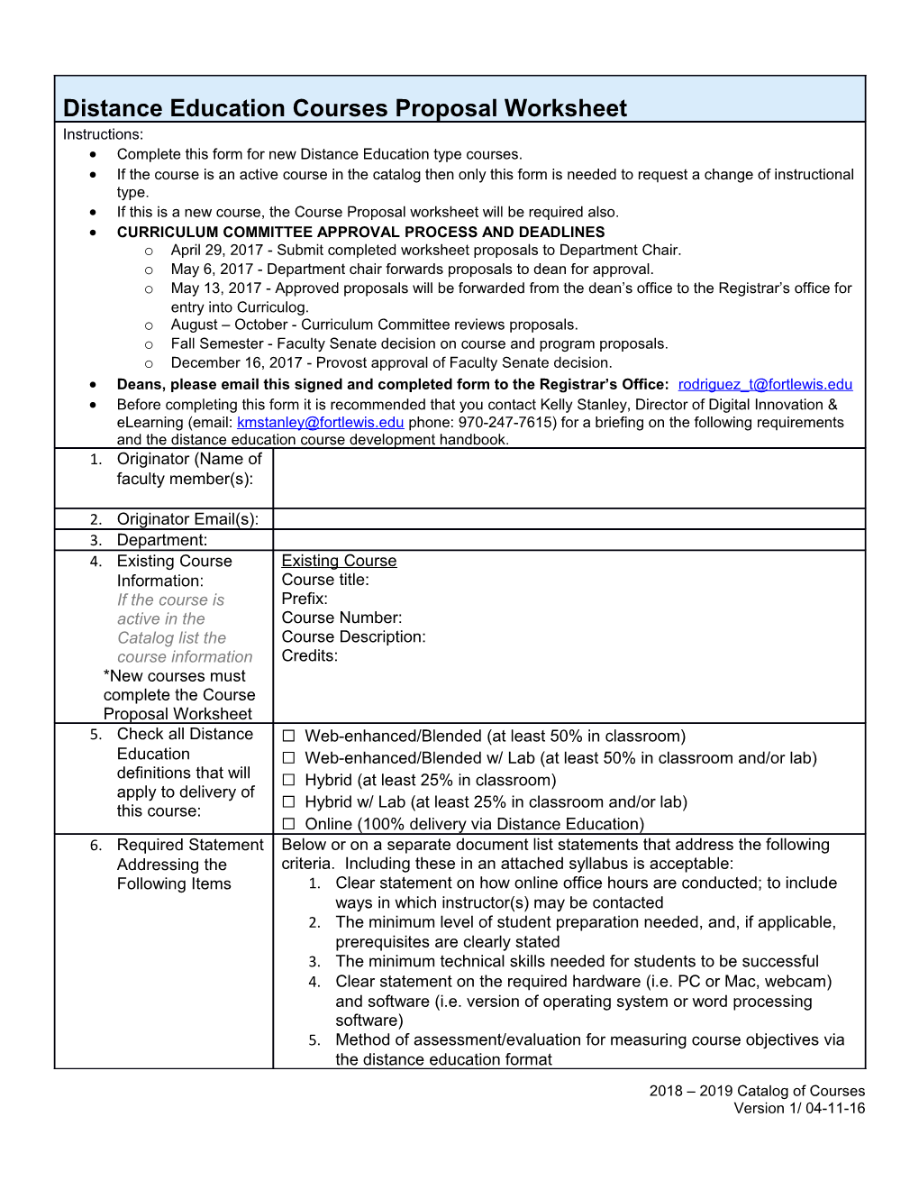 Distance Education Courses Proposal Worksheet