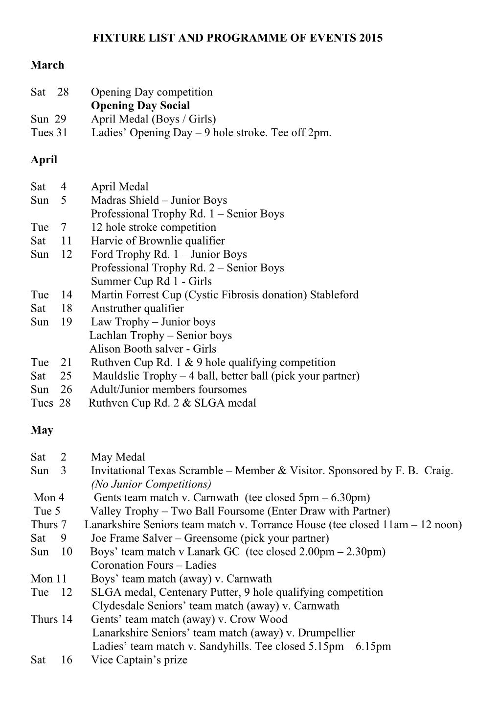 Fixture List and Programme of Events 2015