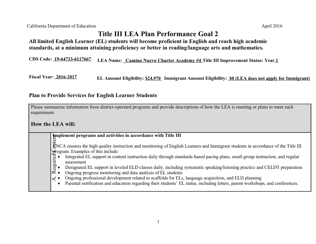 LEA Plan Performance Goal 2 - Title III (CA Dept of Education)
