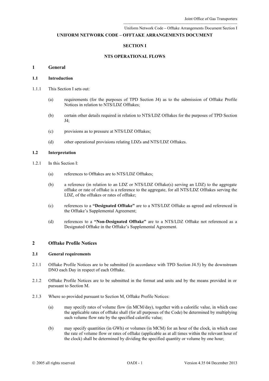 Uniform Network Code Offtake Arrangements Document Section I
