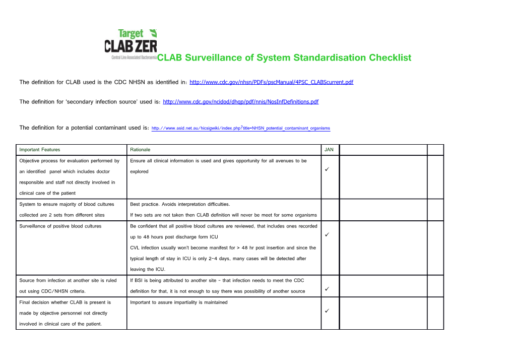 CLABSI Surveillance System Standardisation Checklist