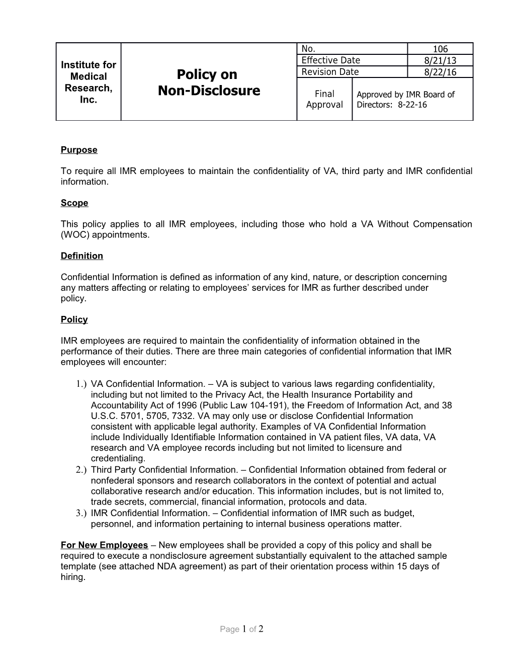 To Require All IMR Employees to Maintain the Confidentiality of VA, Third Party and IMR