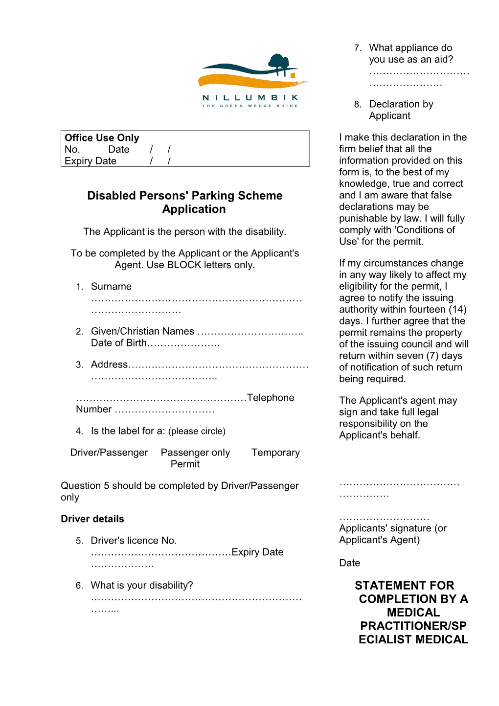 Disabled Persons' Parking Permit Application