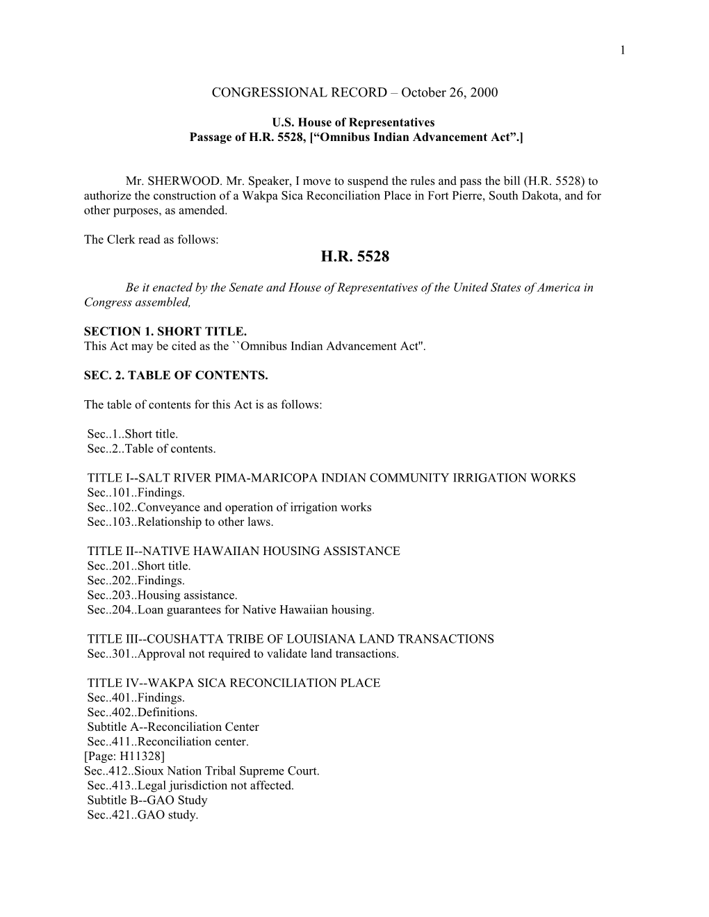 Passage of H.R. 5528, Omnibus Indian Advancement Act