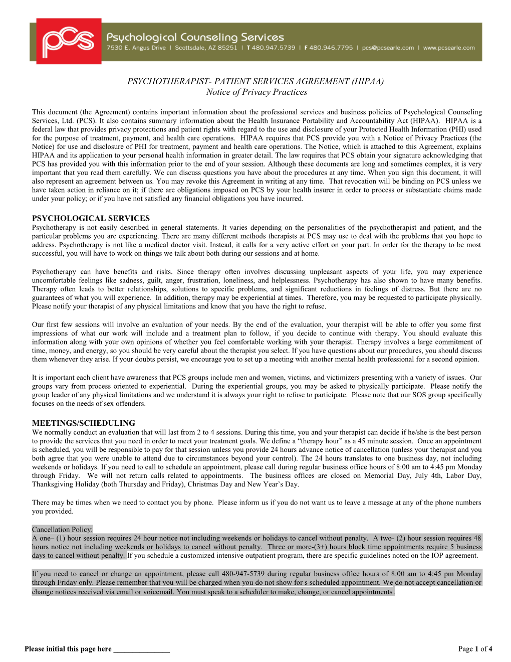 Psychotherapist- Patient Services Agreement(Hipaa)