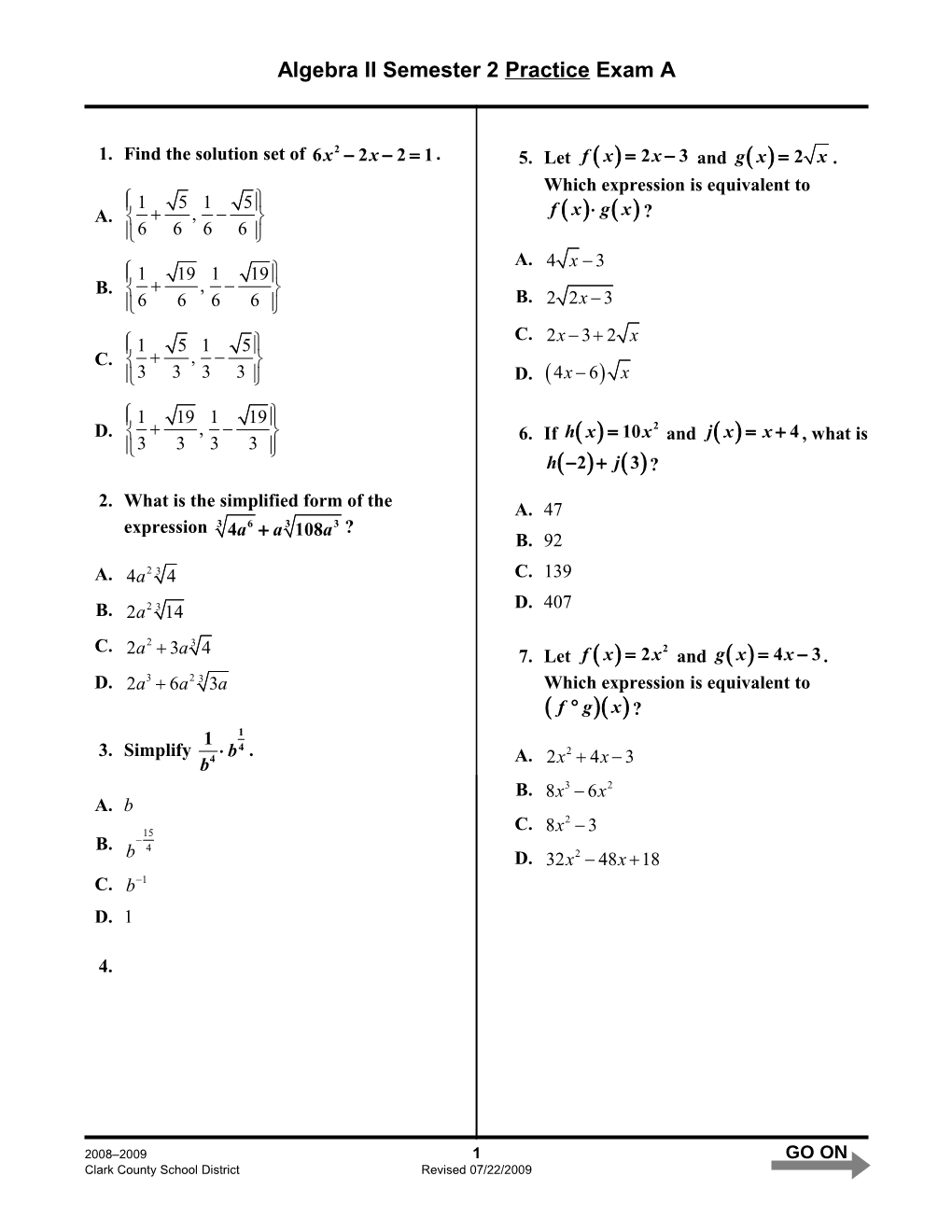 Algebra Iisemester 2 Practiceexam A