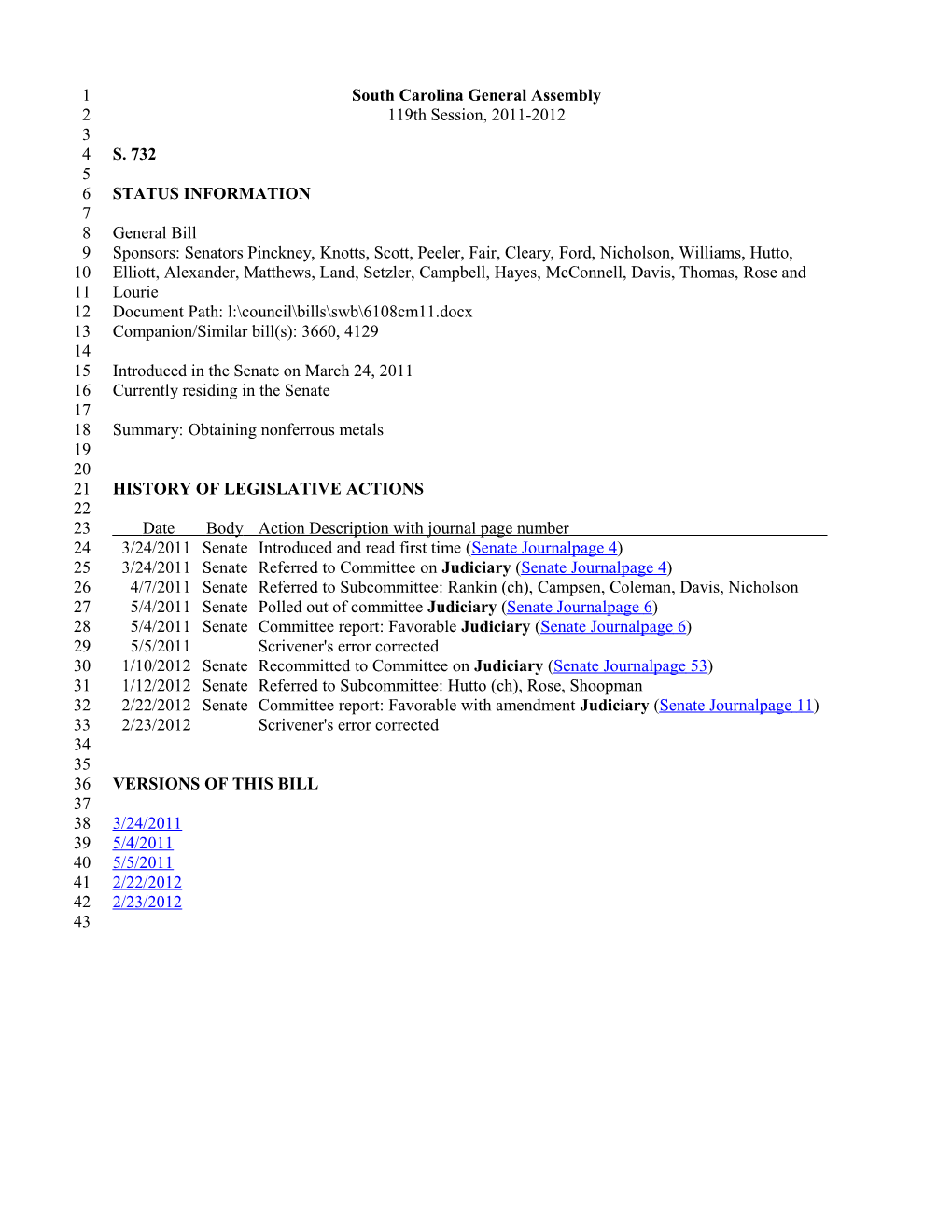 2011-2012 Bill 732: Obtaining Nonferrous Metals - South Carolina Legislature Online