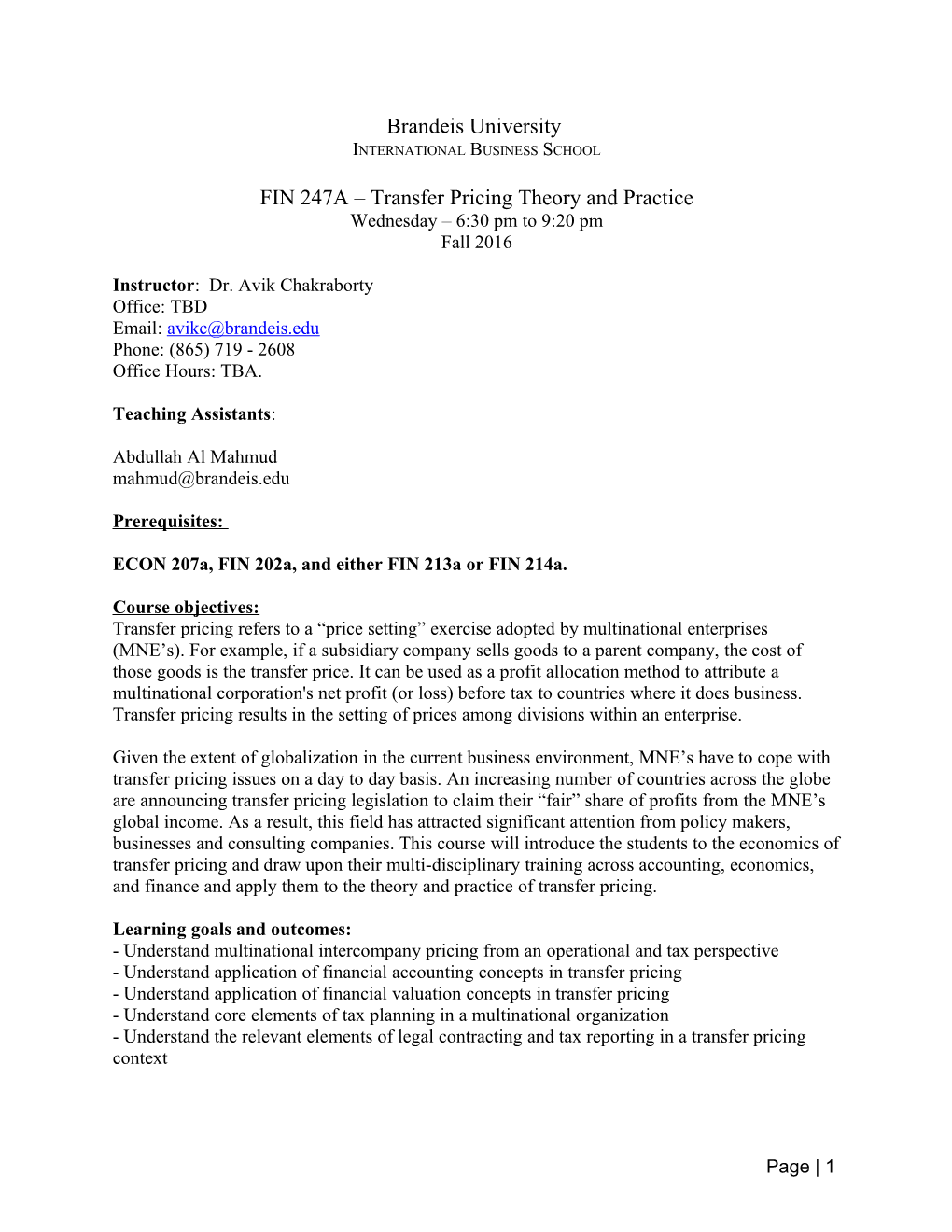 FIN 247A Transfer Pricing Theory and Practice