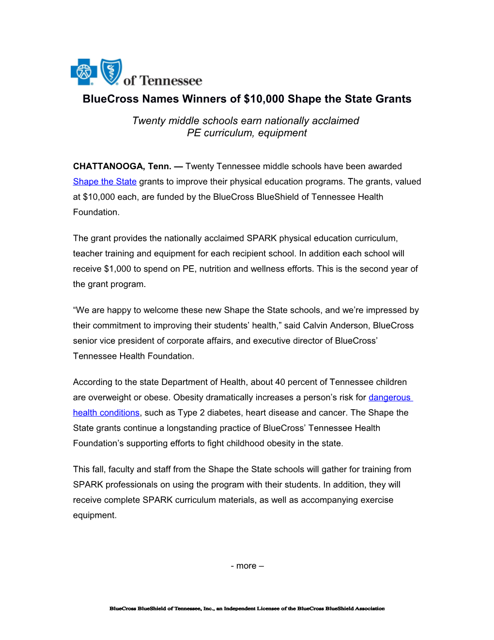 Bluecross Names Winners of $10,000 Shape the State Grants