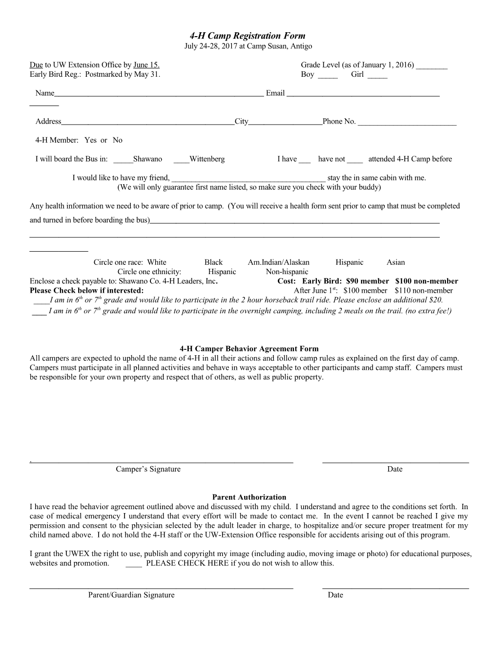 4-H Camp Registration Form