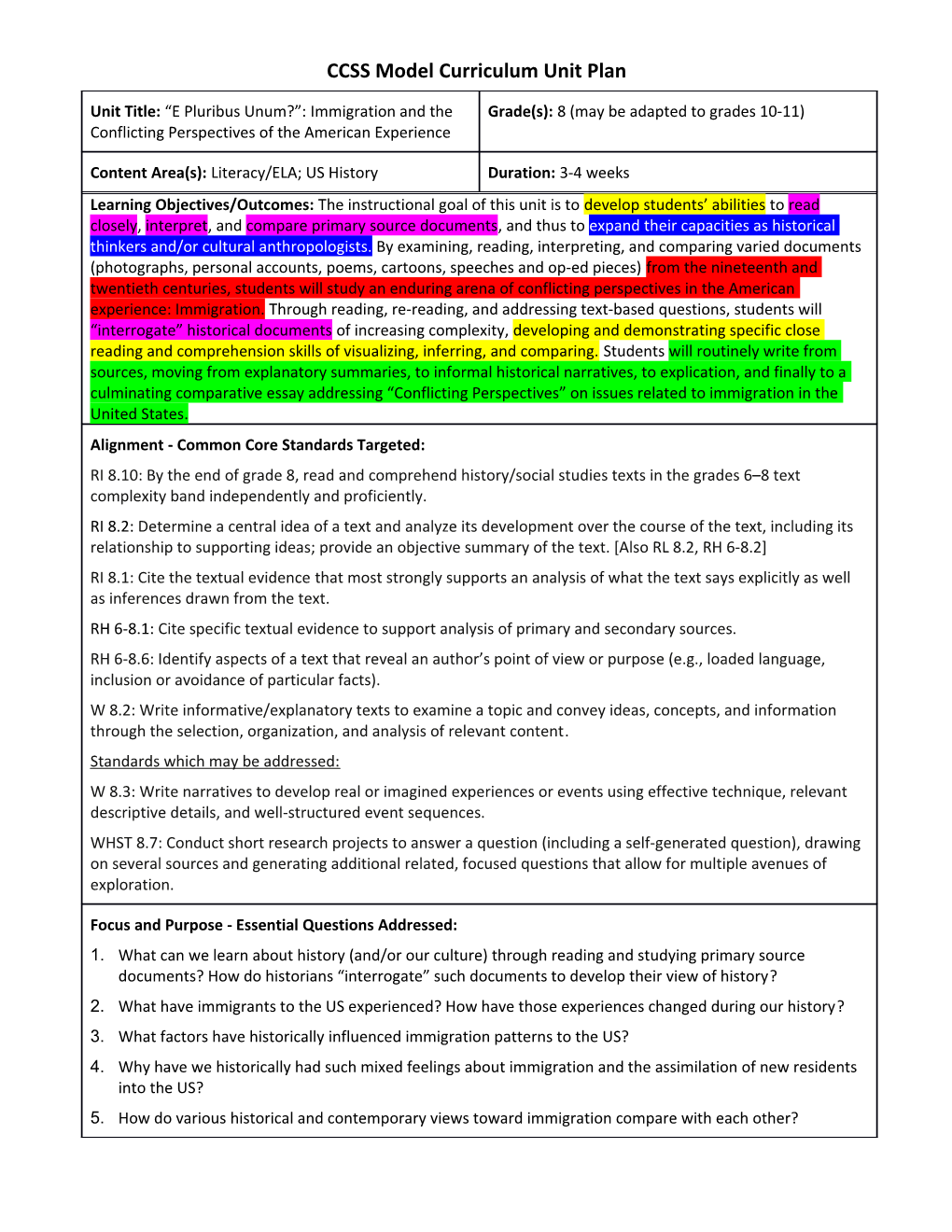 CCSS Model Curriculum Unit Plan