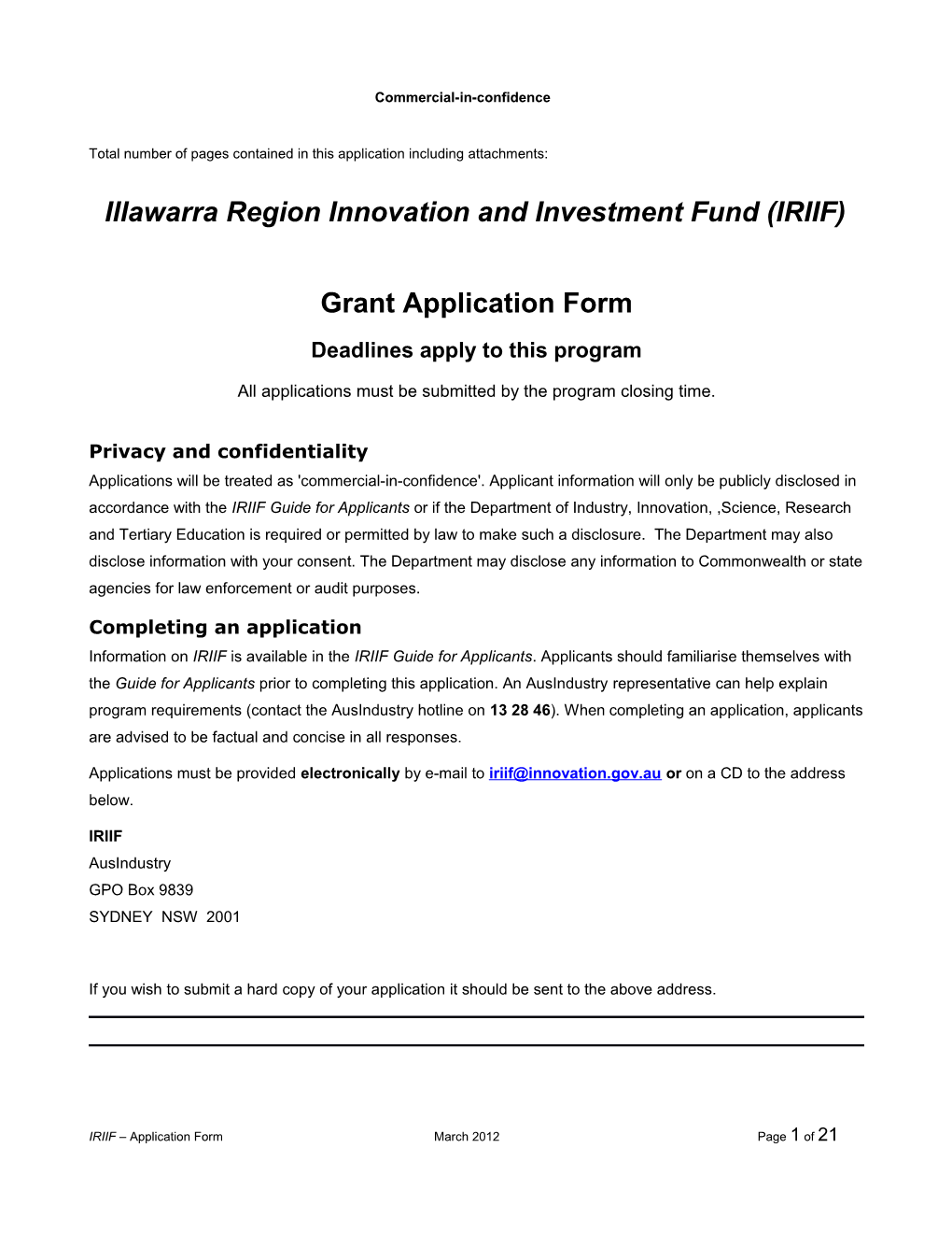 Illawarra Region Innovation and Investment Fund - Sample Application Form