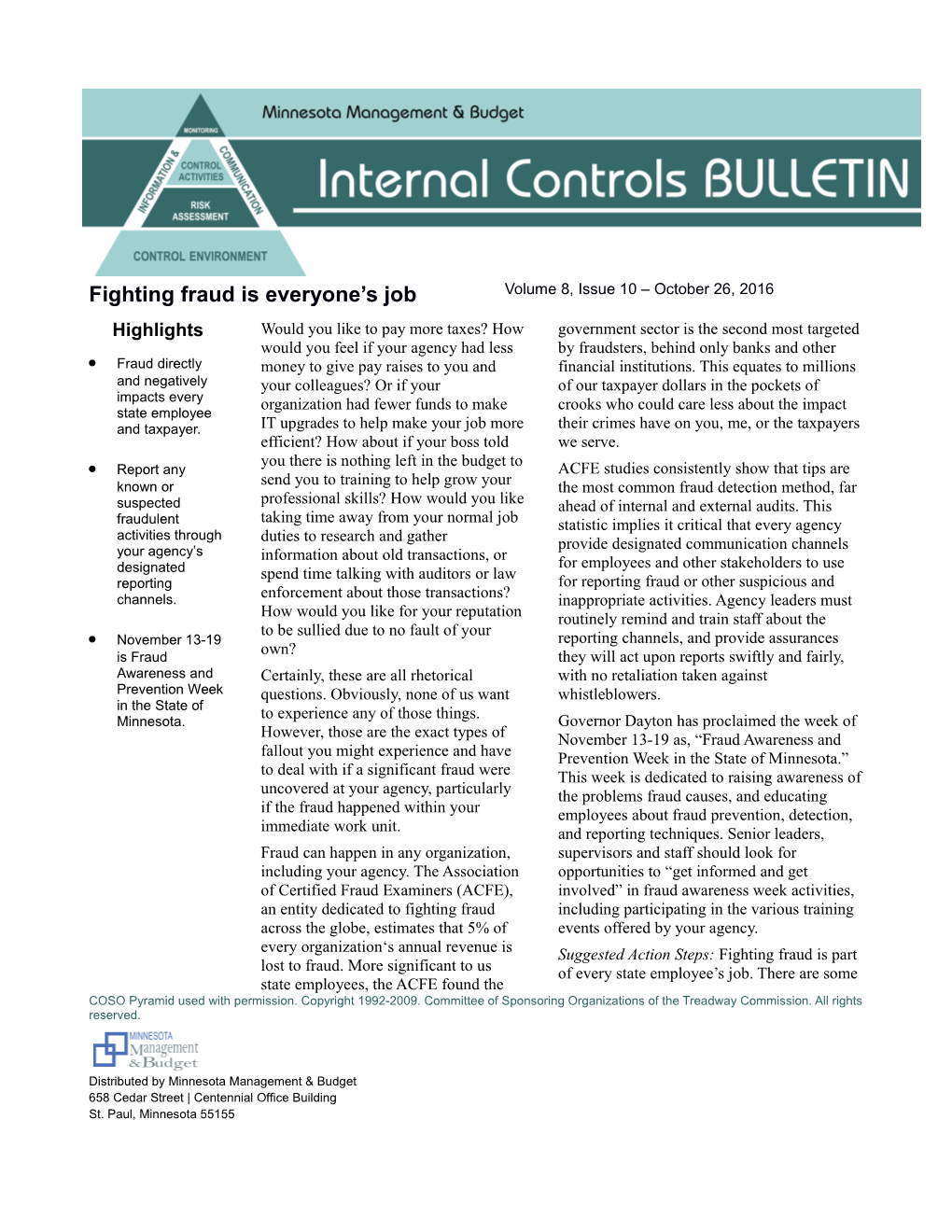 October 2016 Internal Control Bulletin - Fighting Fraud Is Part of Every State Employees Job