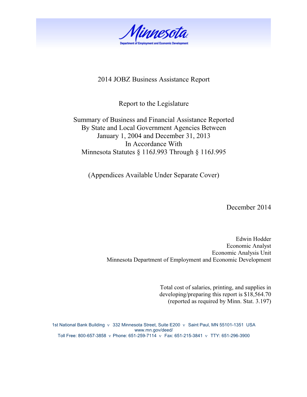 2014 JOBZ Business Assistance Report