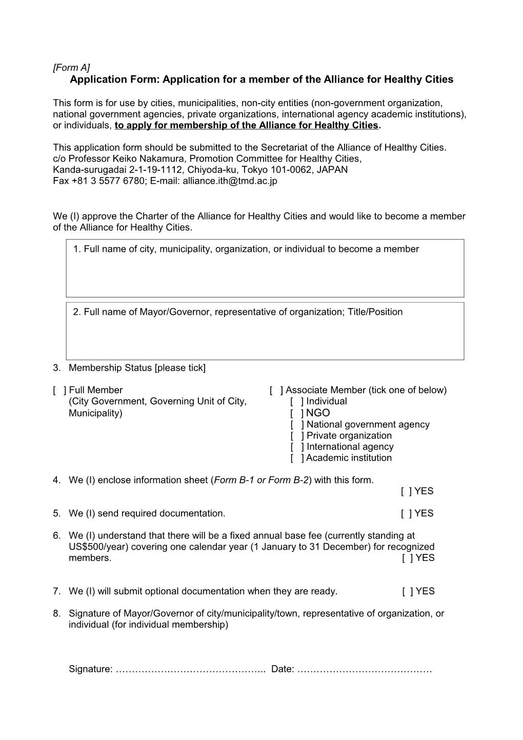 Application Form: Application for a Member of the Alliance for Healthy Cities