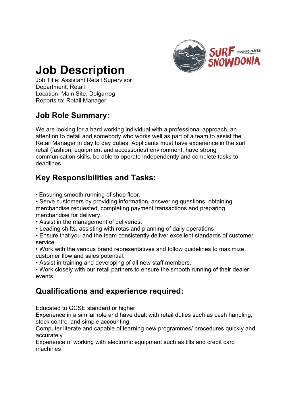 Job Title: Assistant Retail Supervisor