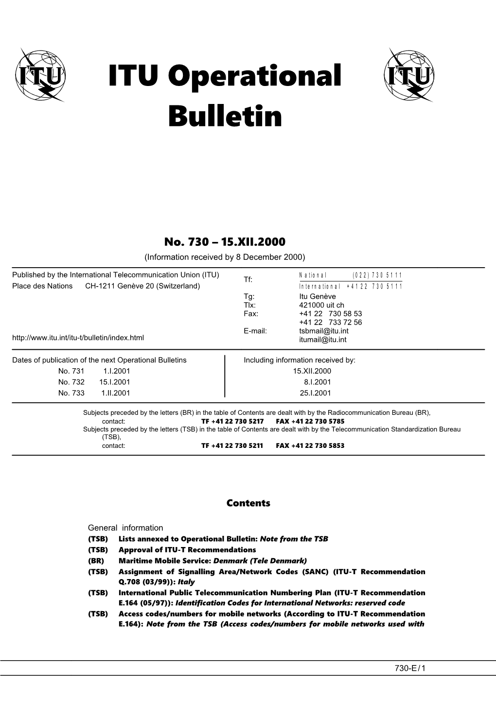 ITU Operational Bulletin 730 - 15.XII.2000