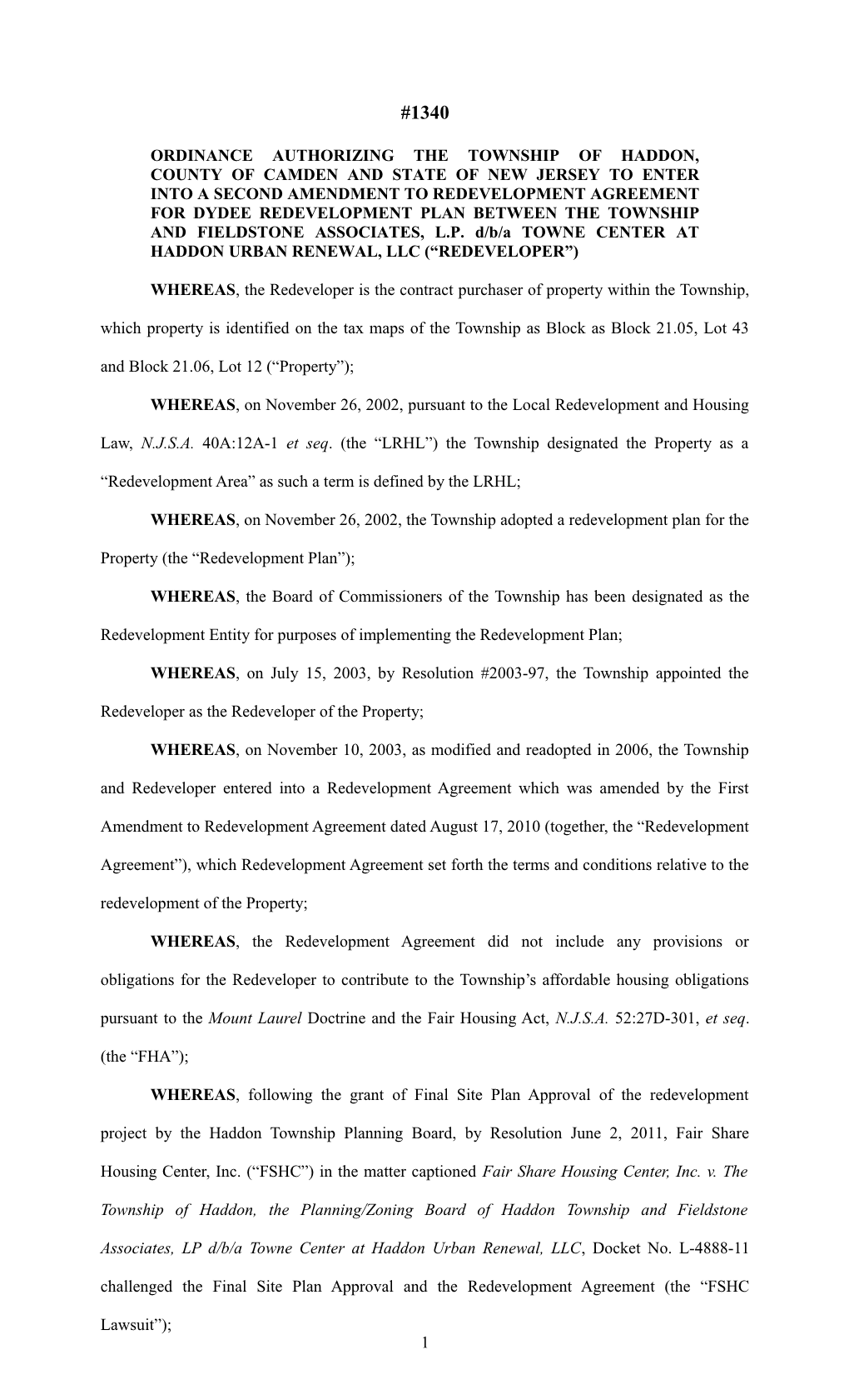 Ordinance Authorizing the Township of Haddon, County of Camden and State of New Jersey