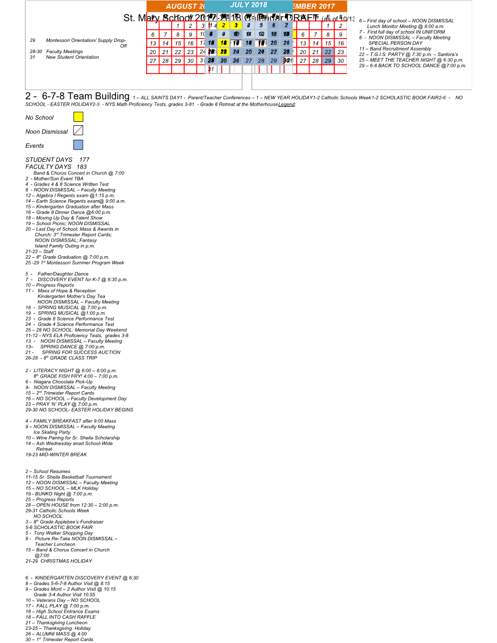 St. Mary School 2017-2018 Calendar DRAFT (As of 10/13/2017)