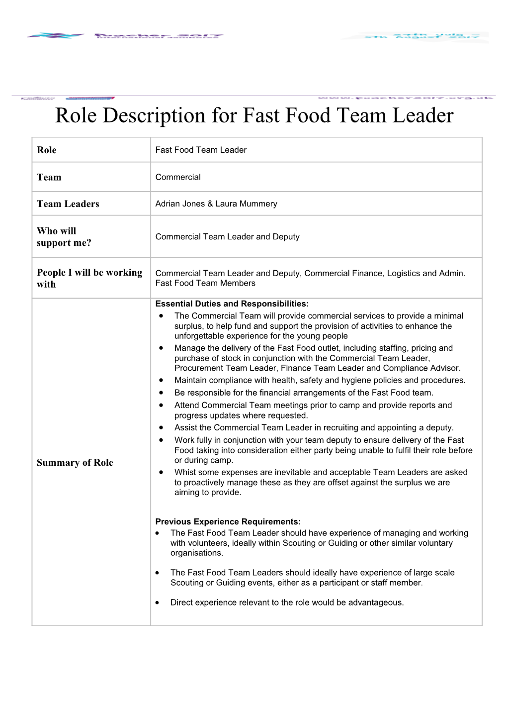 Role Description for Fast Food Team Leader