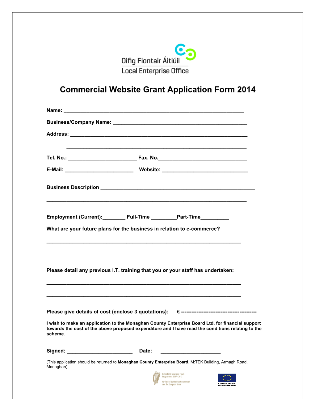 Commercial Website Grant Application Form 2014