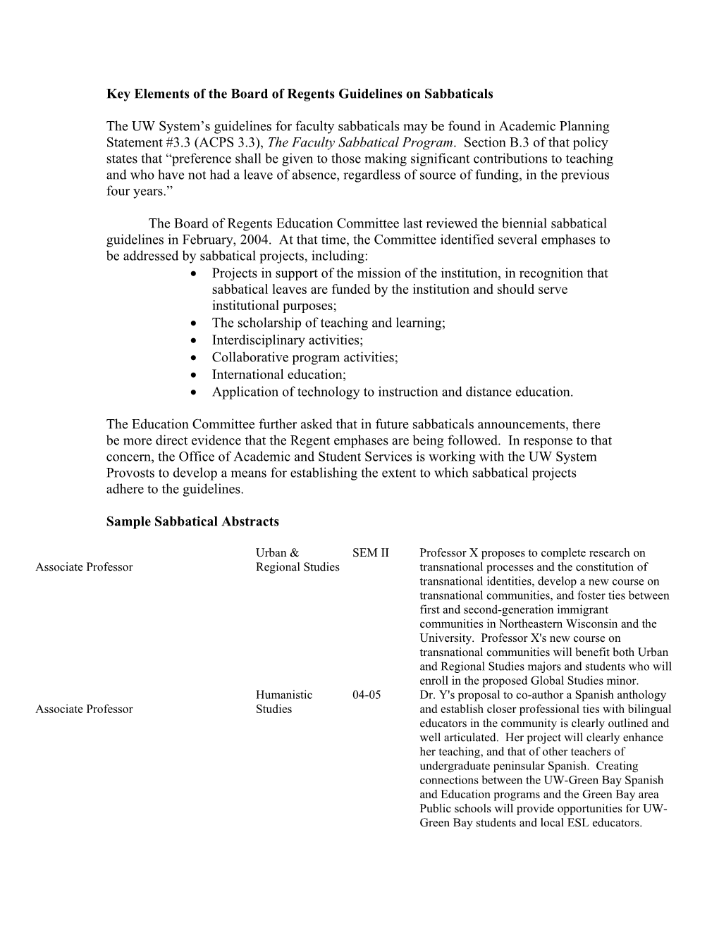 Key Elements of the Board of Regents Guidelines on Sabbaticals