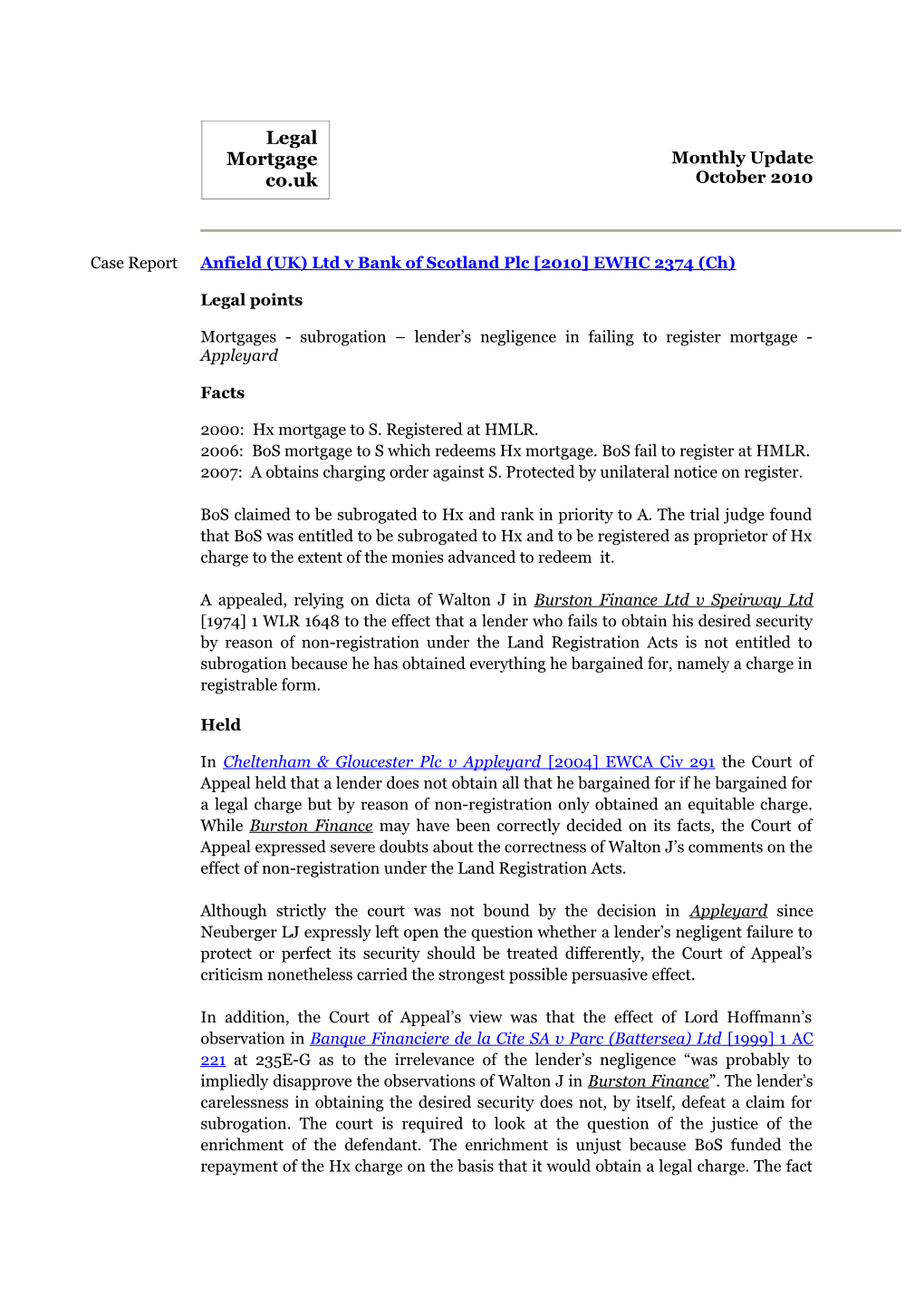 Case Report Anfield (UK) Ltd V Bank of Scotland Plc 2010 EWHC 2374 (Ch)