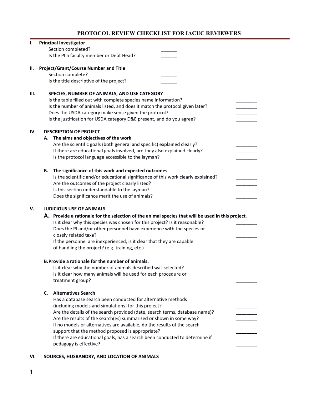 Protocol Review Checklist for Iacuc Reviewers