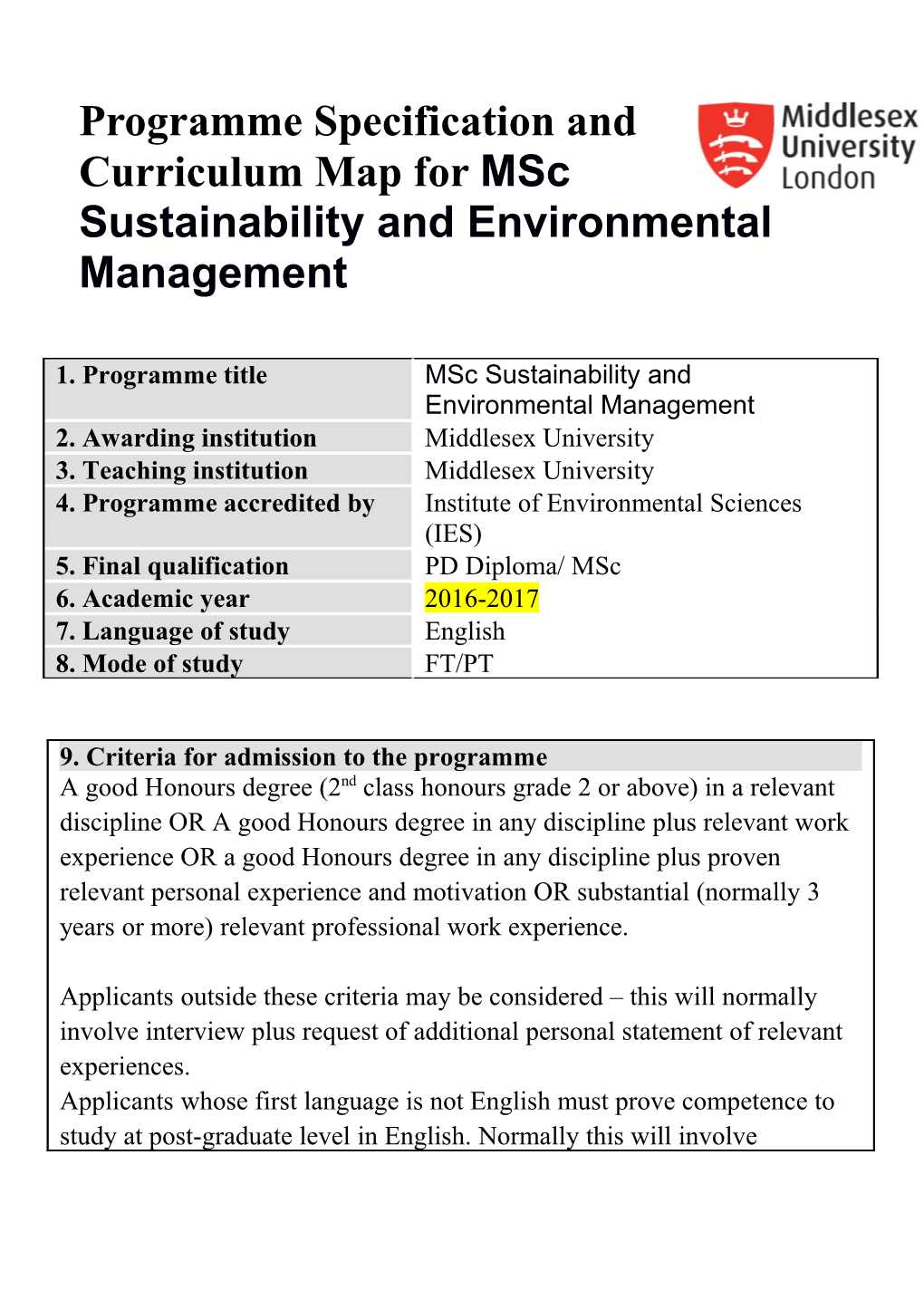 Programme Specification and Curriculum Map for Msc Sustainability and Environmental Management