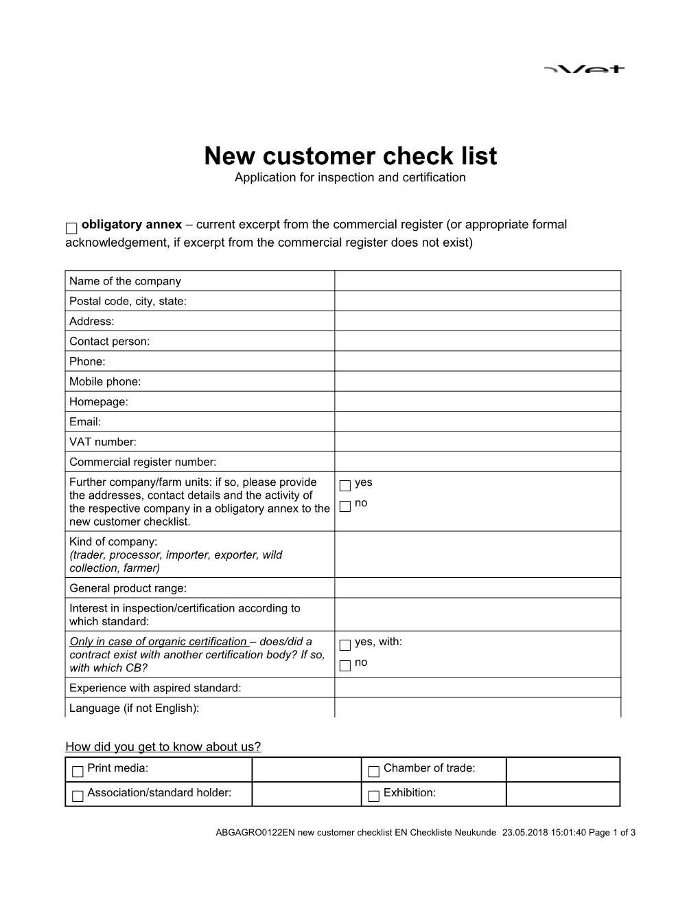 New Customer Checklist EN Checkliste Neukunde