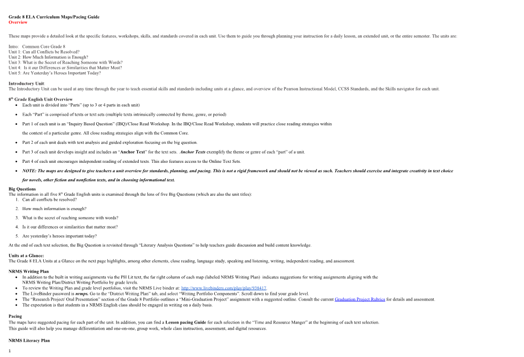 Grade 8 ELA Curriculum Maps/Pacing Guide