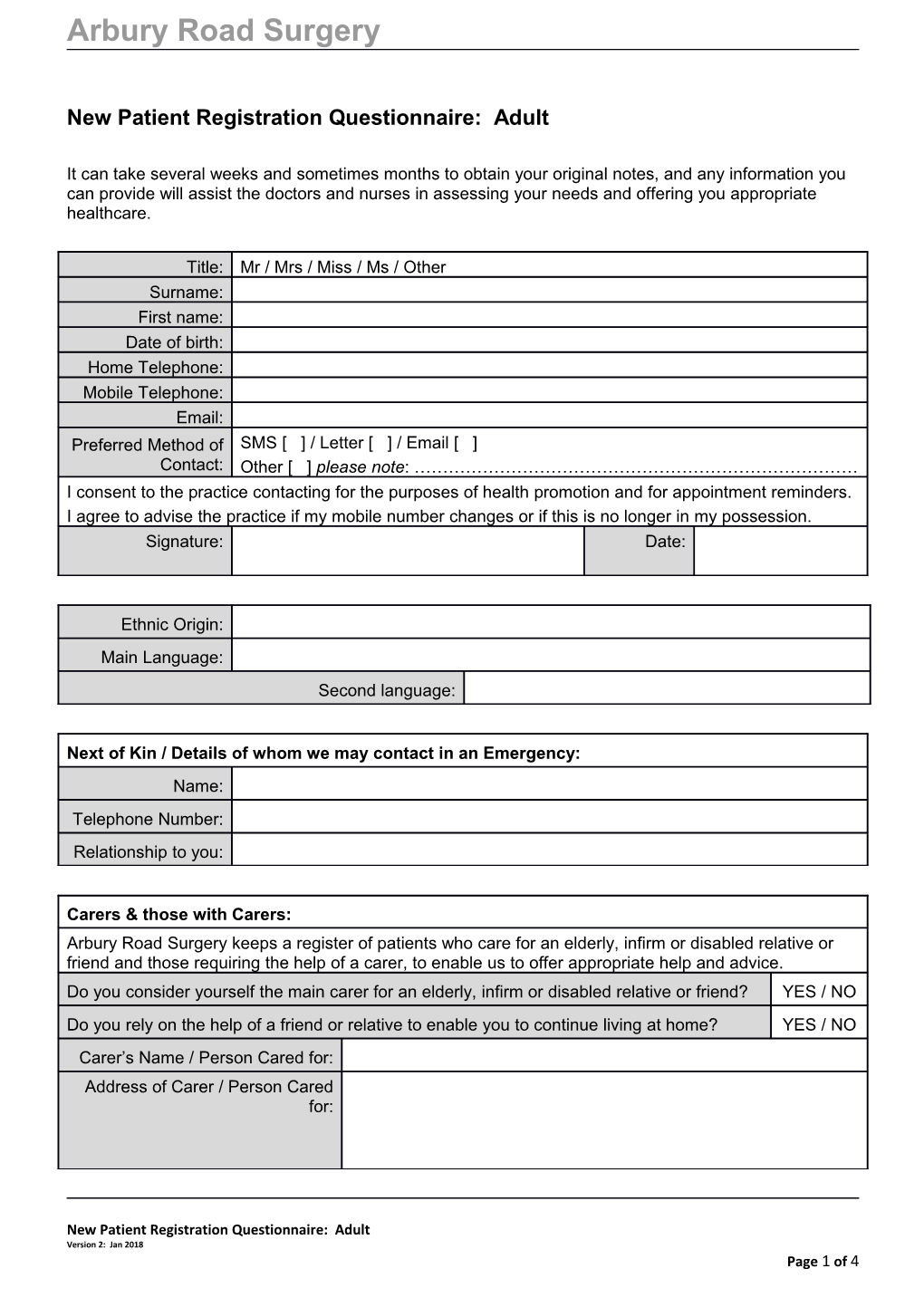 New Patient Registration Questionnaire: Adult