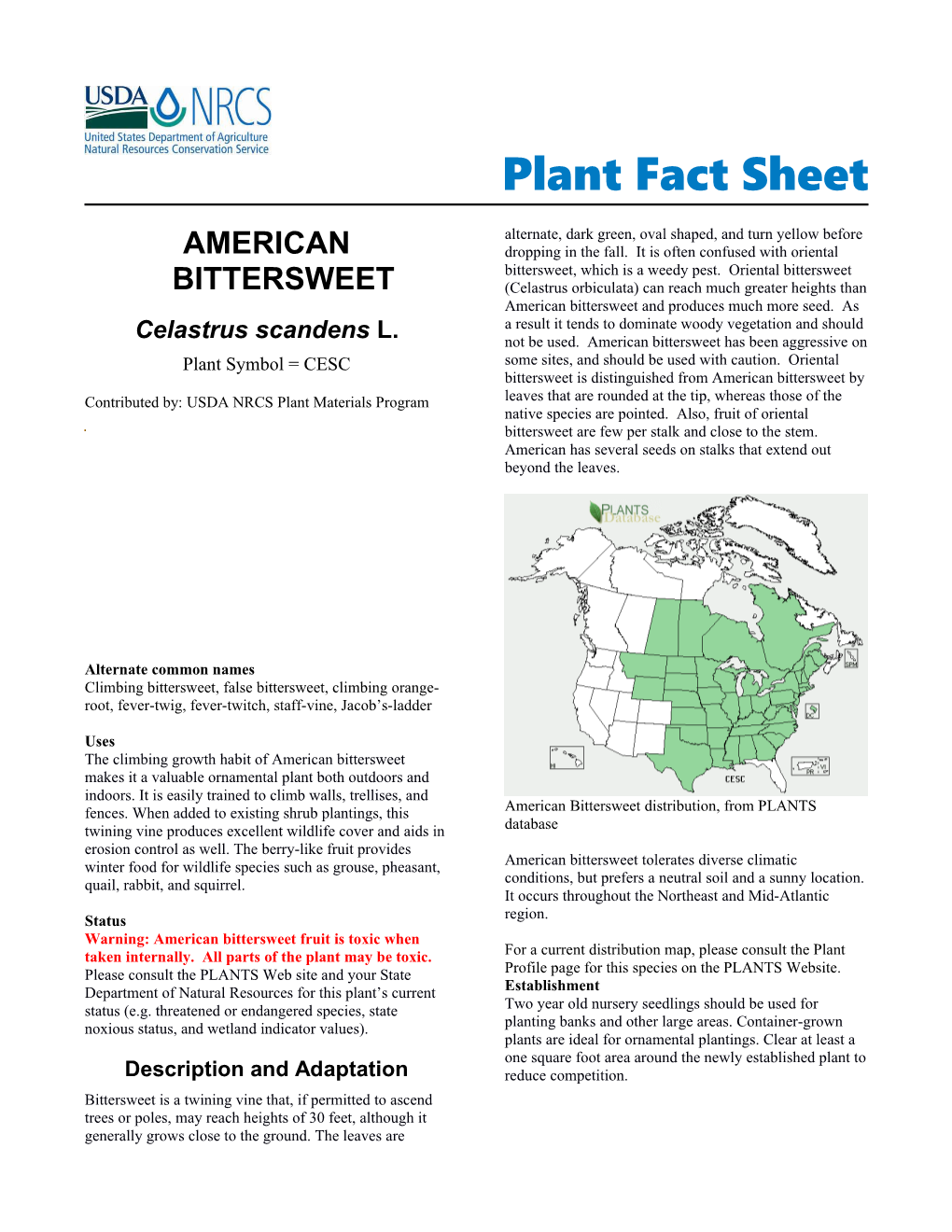 American Bittersweet Plant Fact Sheet