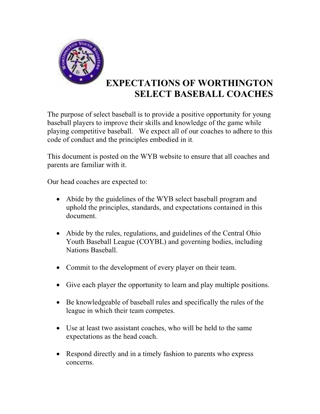 Expectations of Worthington Select Baseball Coaches