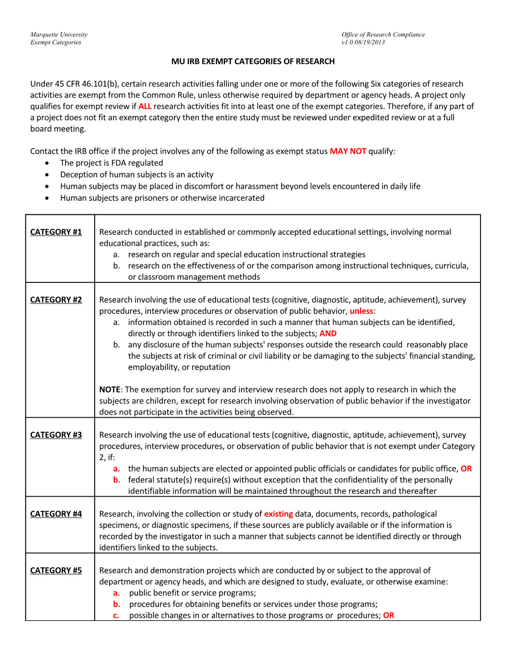 Categories of Research Activities Exempt from Review