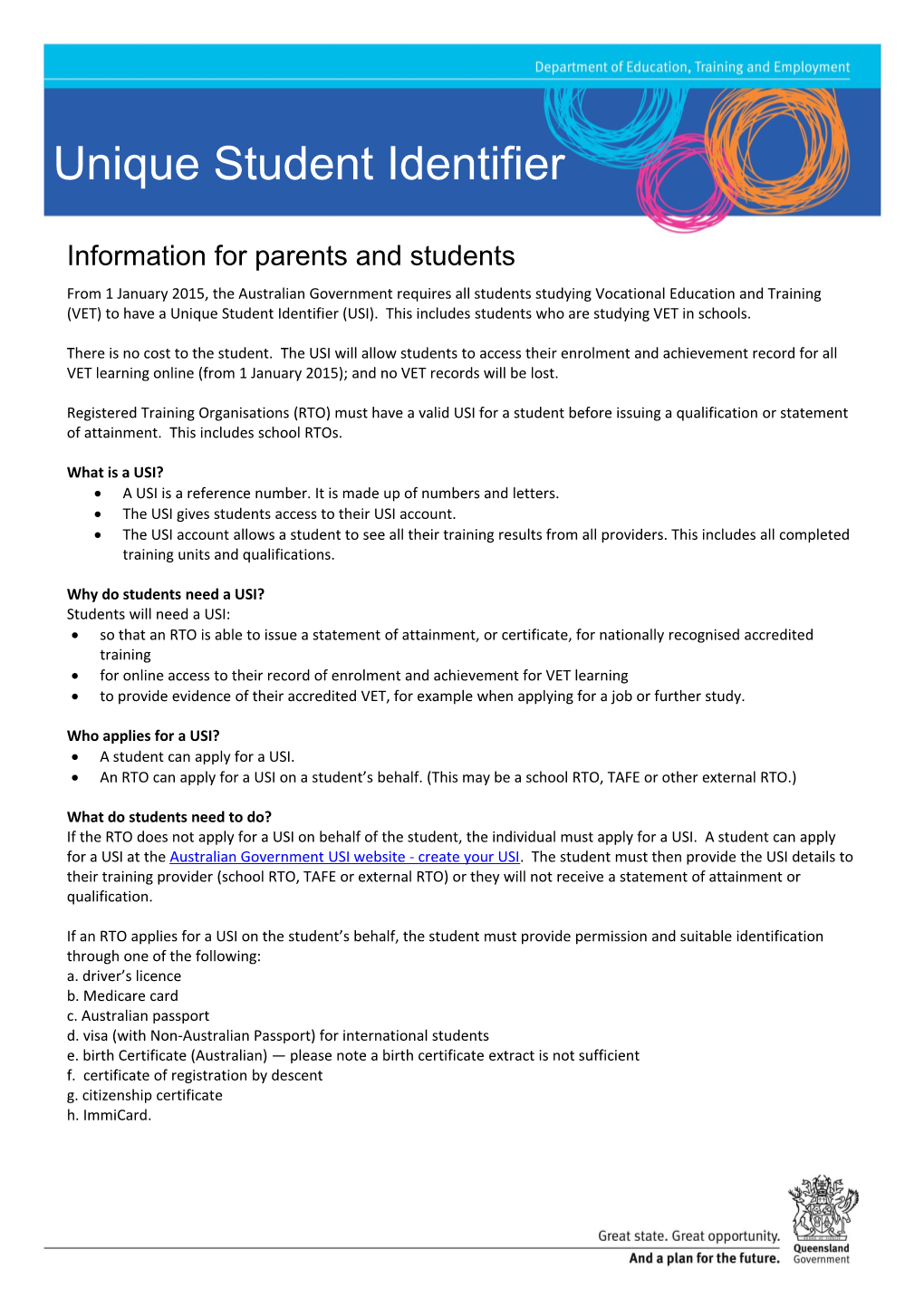 Unique Student Identifier (USI) Fact Sheet for Parents and Students