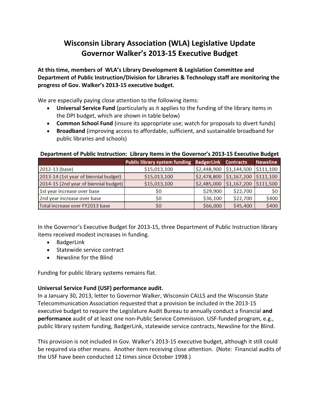 Wisconsin Library Association (WLA) Legislative Update