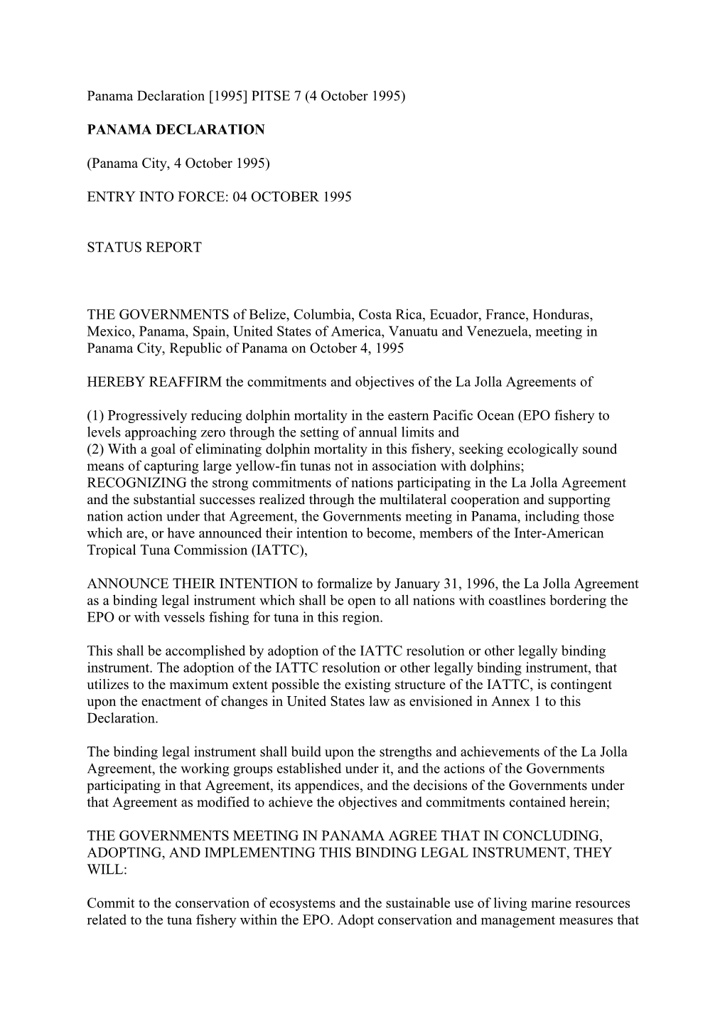 Panama Declaration 1995 PITSE 7 (4 October 1995)