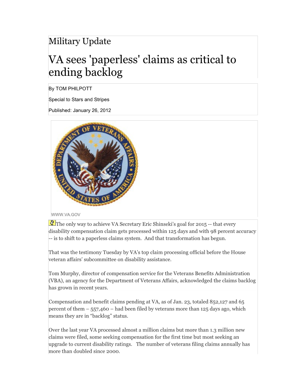 VA Sees 'Paperless' Claims As Critical to Ending Backlog