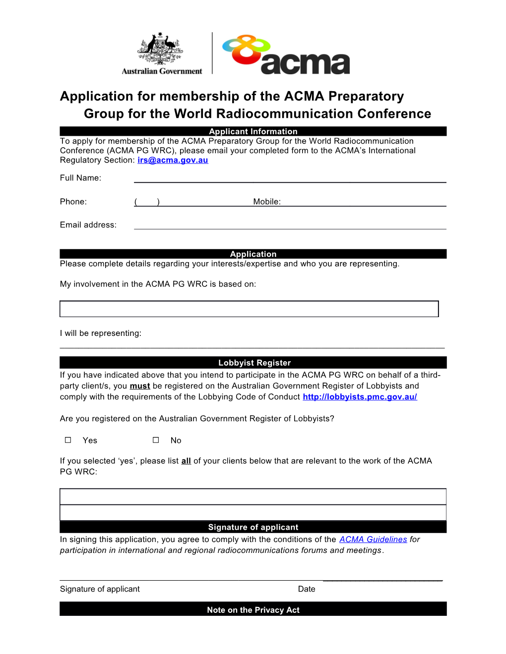 Application for Membership of the Acmapreparatory Group for the World Radiocommunication