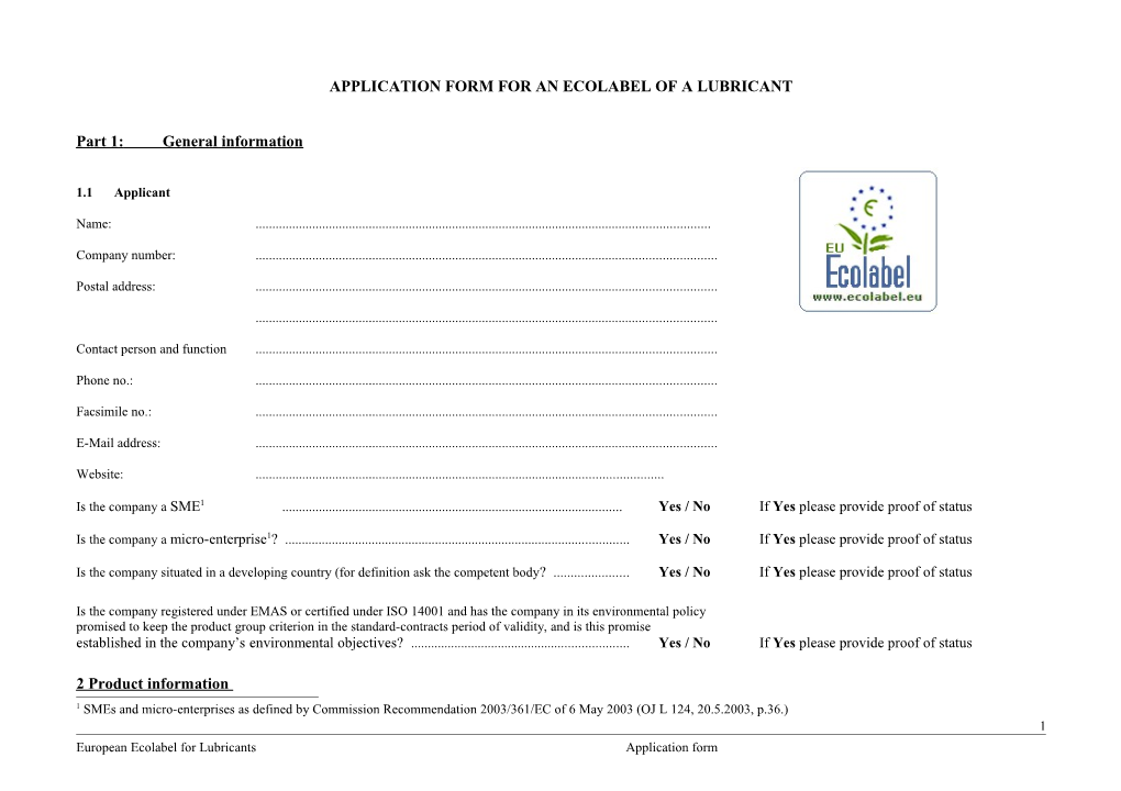 Application Form for an Ecolabel of a Lubricant