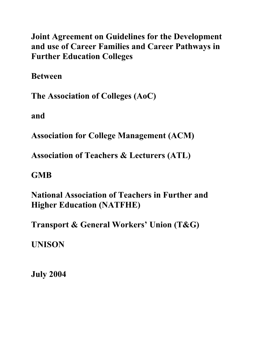 Joint Agreement on Guidelines for the Use of Career Families and Pathways in Further Education