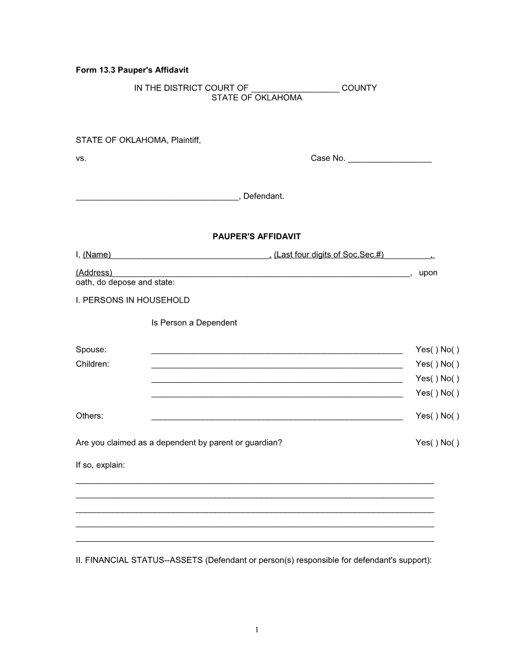 Form 13.3 Pauper's Affidavit