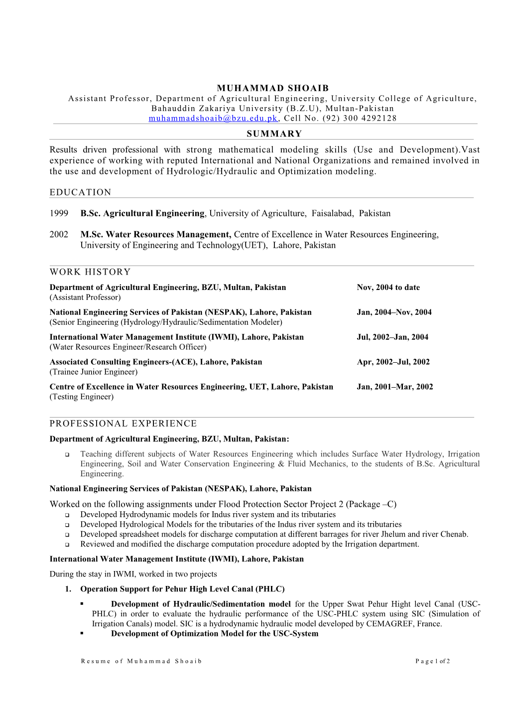 Department of Agricultural Engineering, BZU, Multan, Pakistannov,2004 to Date