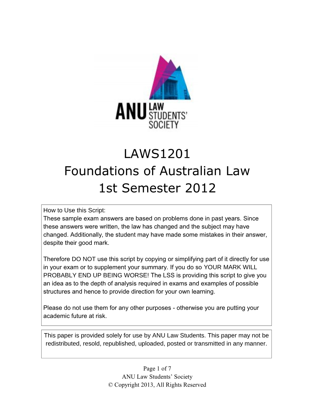 Foundations of Australian Law First Semester 2012