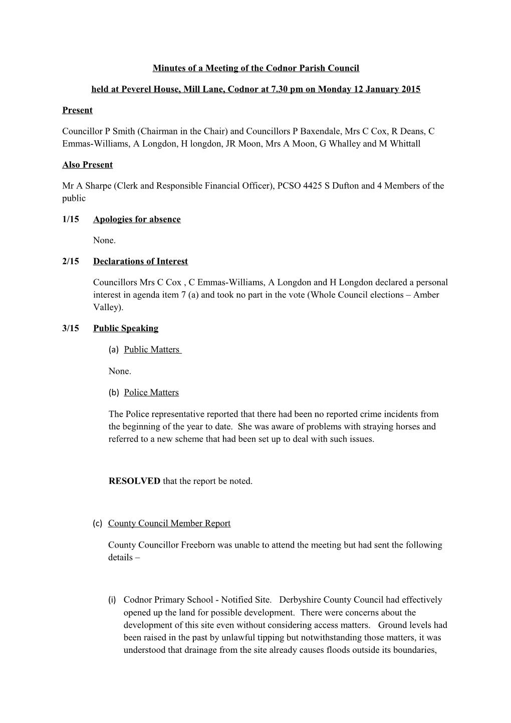Minutes of a Meeting of the Codnor Parish Council