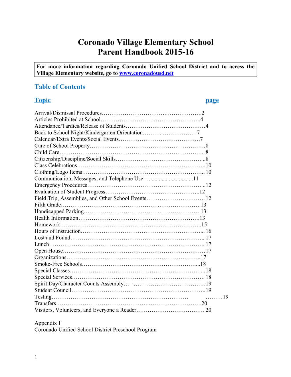 Coronado Village Elementary School Parent Handbook 2015-16