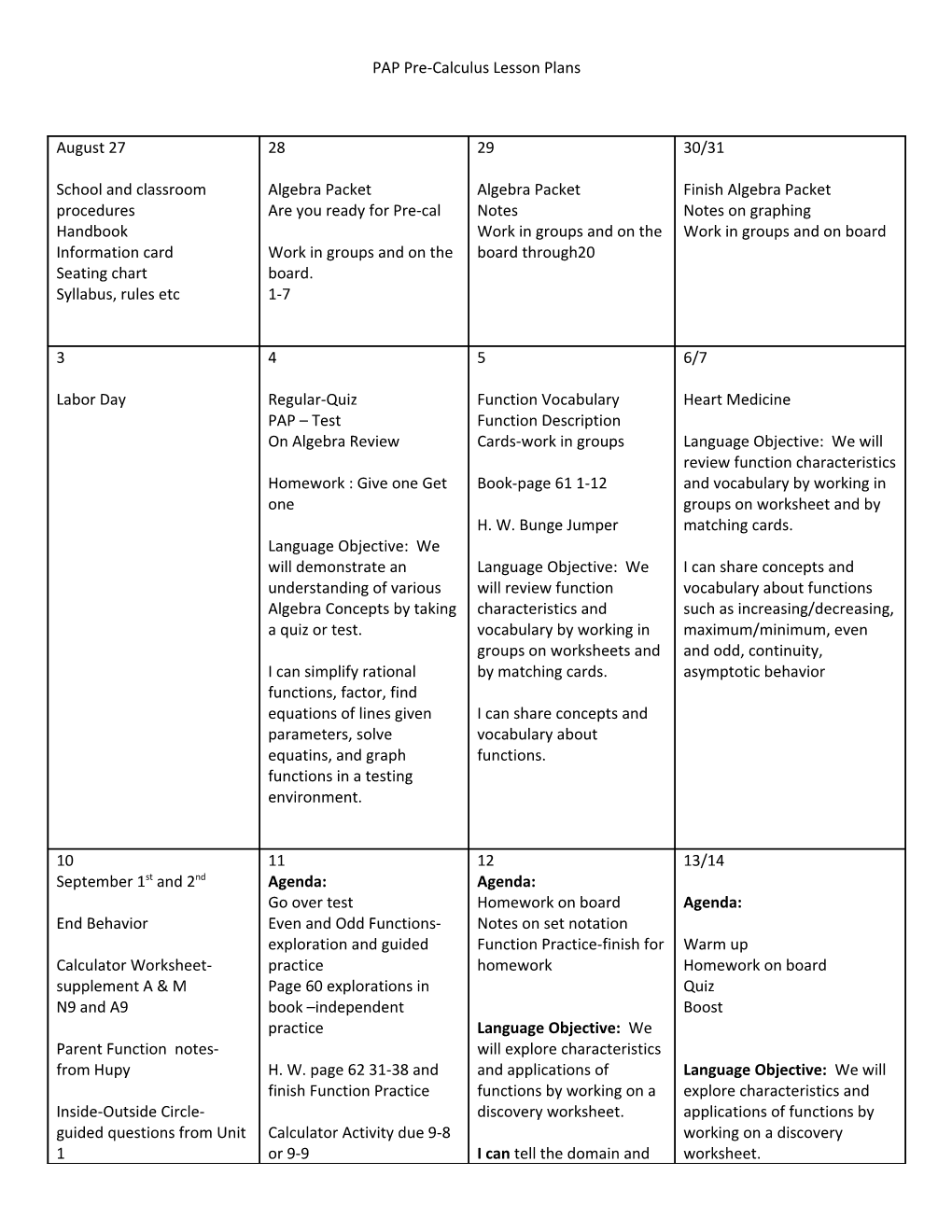 Pre-Calculus and PAP Pre-Calculus Lesson Plans