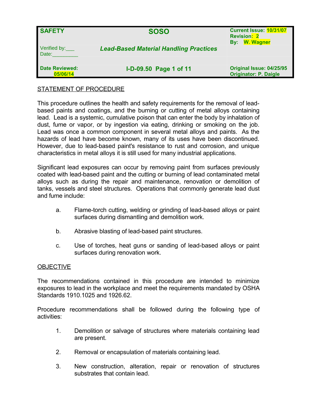 Lead-Based Material Handling Practices