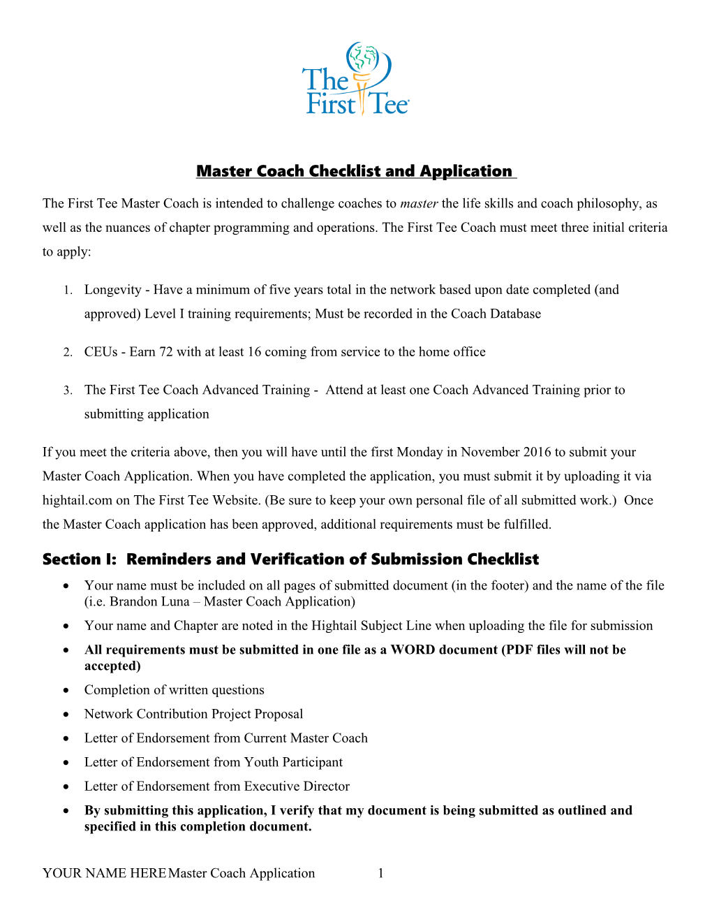 Master Coach Checklist and Application